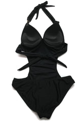 High Waist Swim Suit Cut Out One Piece Black